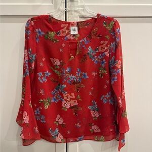 CAbi Red Floral Keyhole Blouse